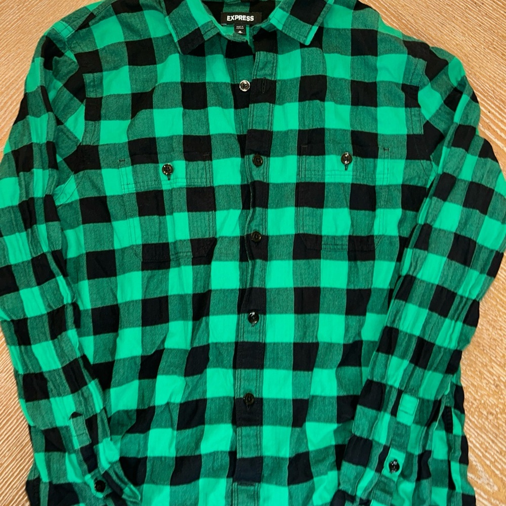 Women's Plaid Button-Up Express Boyfriend Fit Medium Green Black